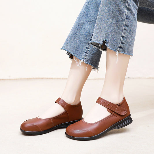 Genuine Leather Single-Strap Velcro Closure Plus-Size Round-Toe Flat Shoes