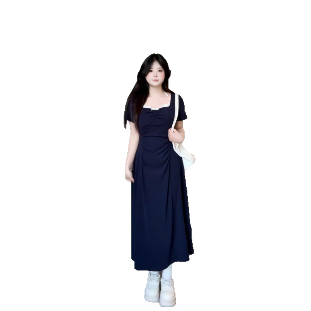 Sweet-style Lace-neckline Retro Elegant Pleated A-line Skirt