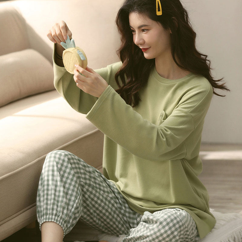 Simple Casual Spring Autumn Pajamas Women Korean Style Solid Color Plaid Fetish Long-sleeve Suit