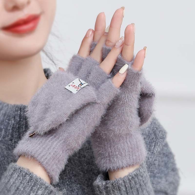 Plush Winter Half Finger Flap Warm Thickened Mink Like Knitting Gloves