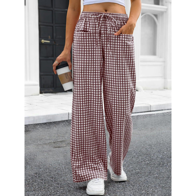 High-waisted Wide-leg Plaid Drawstring Loungeleisure Pants