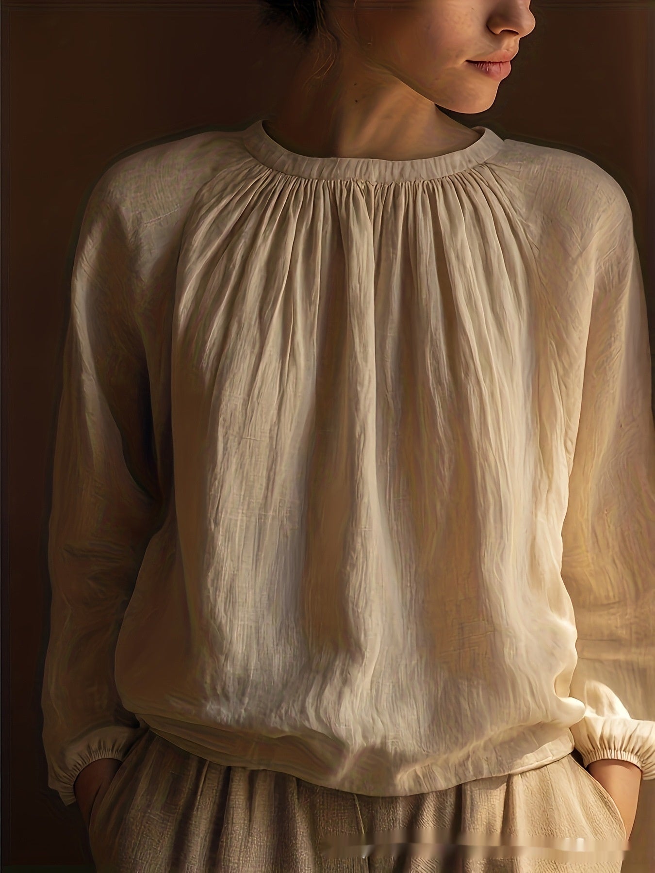 Womens Solid-Color Elegant And Minimalist Linen Long-Sleeve Top