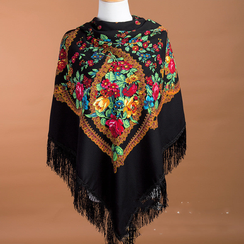 Large Square Scarf Shawl With Ethnic Print Tassels To Keep Warm