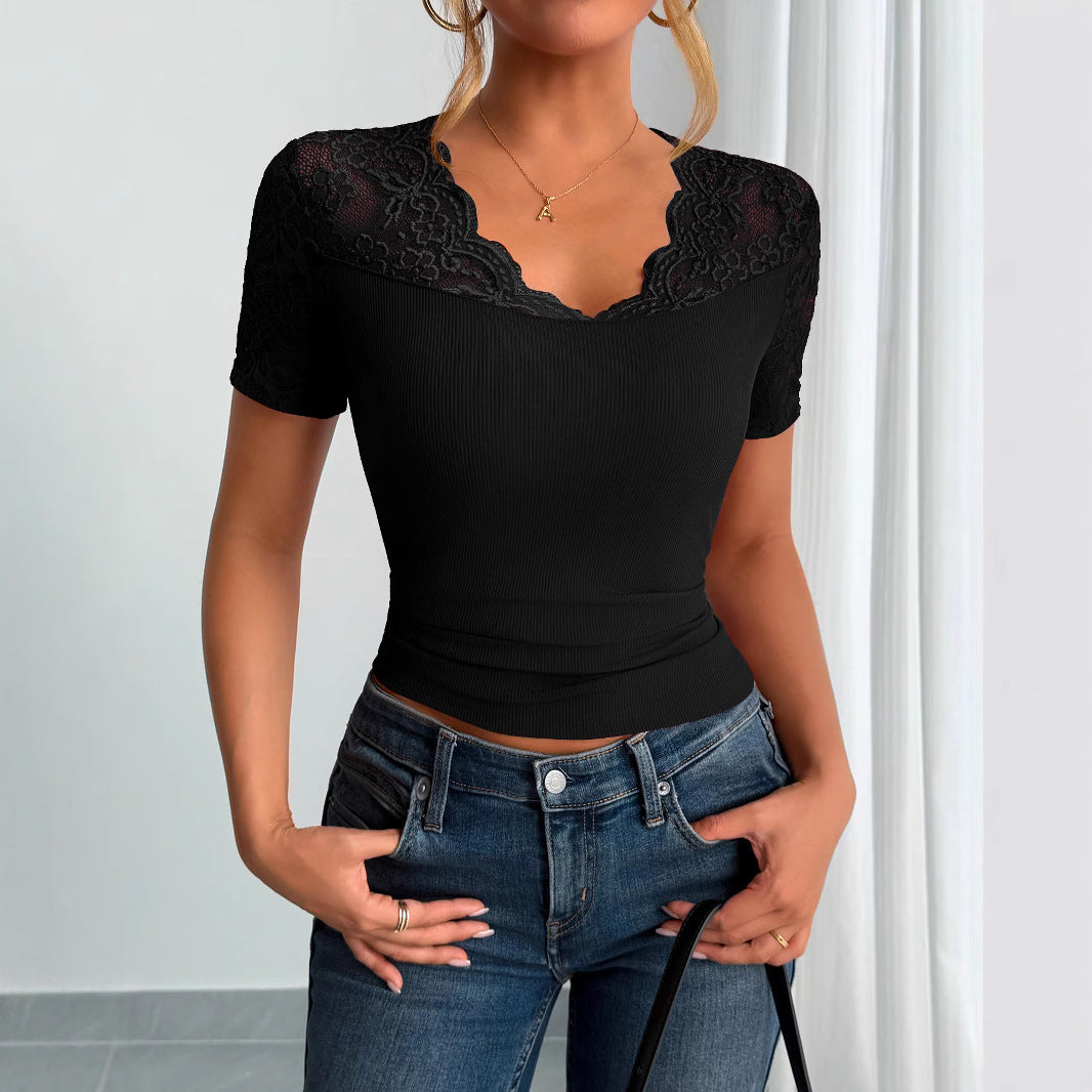 Neckline Cuff Stitching Lace Clothes Spring Women