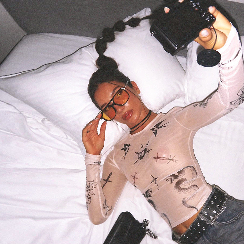 Summer Animal And Plant Printed Mesh Round Neck Long Sleeve T-shirt