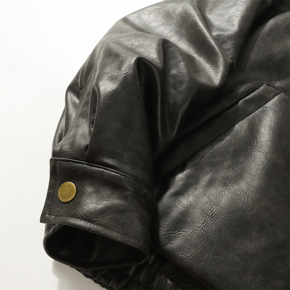 PU Leather Cotton Padded Coat Men's Rock Windproof Winter Stand Collar Loose