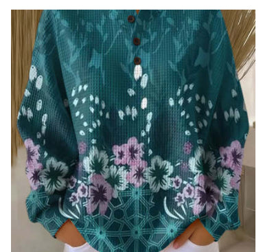 Womens Retro Printed Three-Button Stand-Up Collar Sweatshirt Top