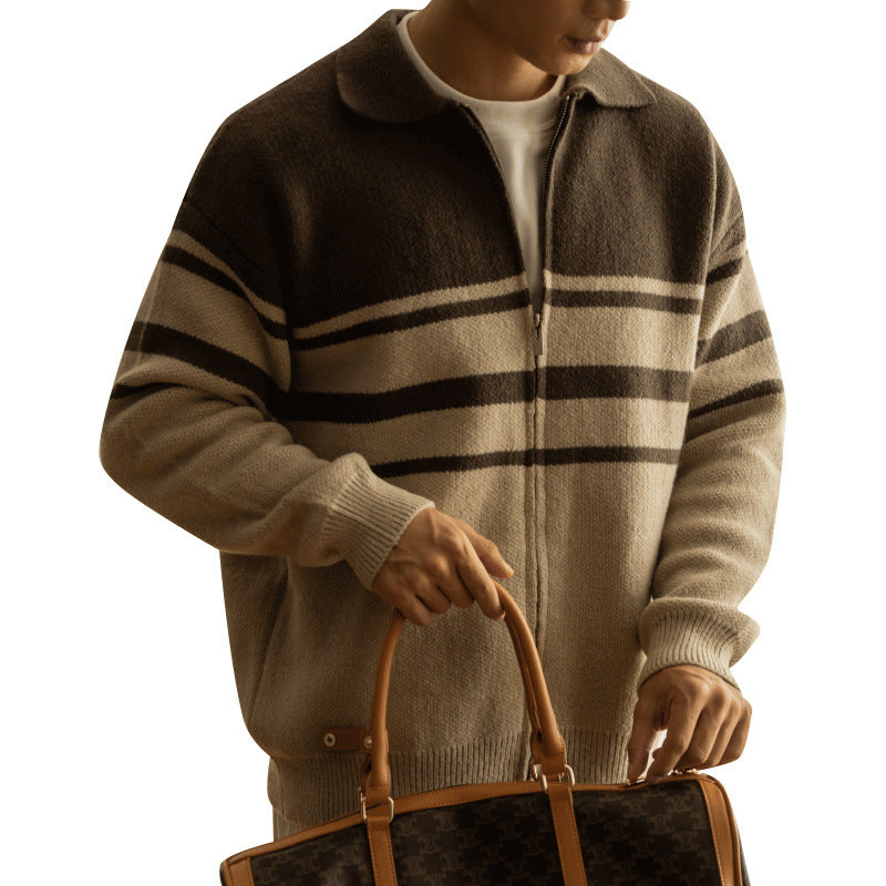 Young Contrast Color Striped Lapel Sweater Men's Casual Zipper