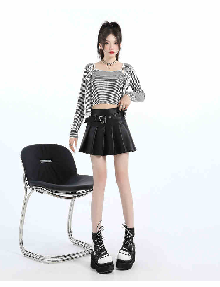 PU Leather Skirt High Waist Slimming A- Line Pleated Skirt
