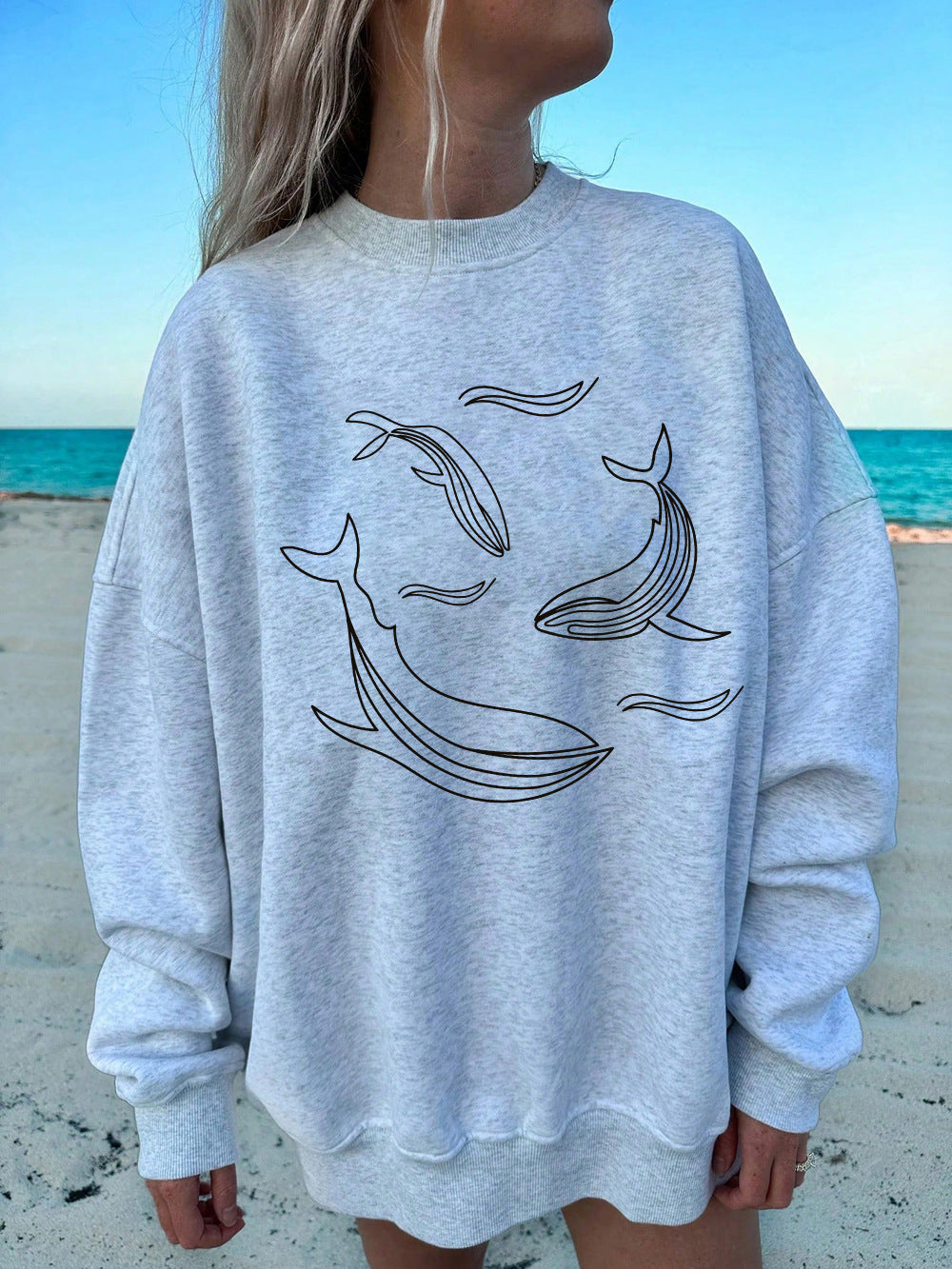 Simple Sketch Whale Fashion Casual Printed Hoodie