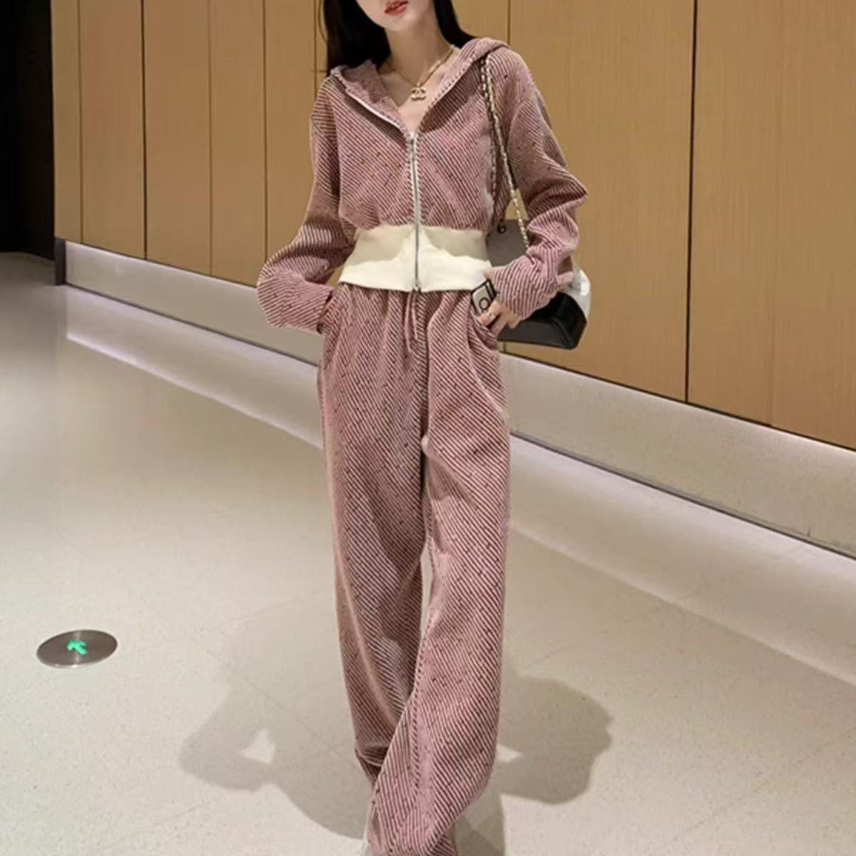 Overseas Temperament Slim Hooded Cardigan Wide-leg Pants Two-piece Set