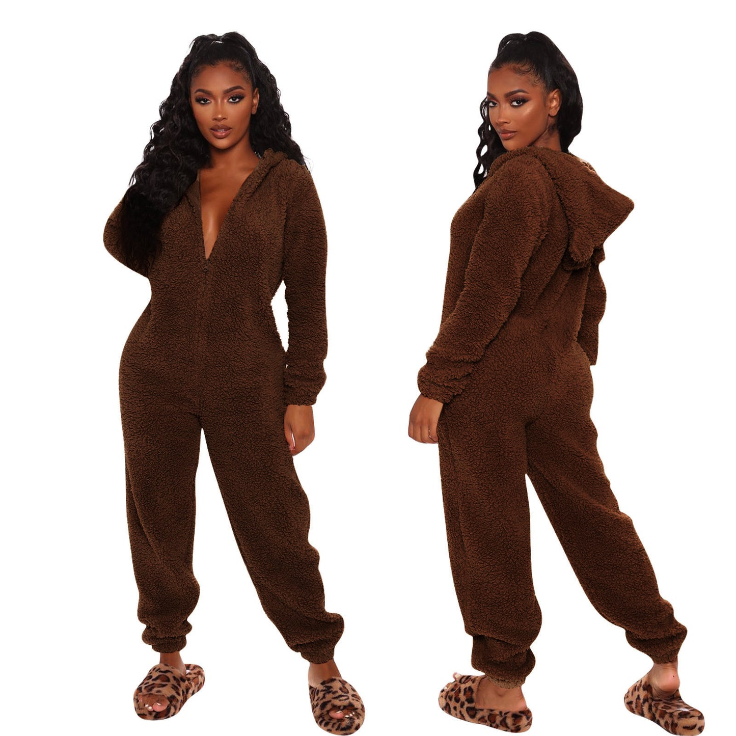 New Autumn And Winter Long Sleeve Hooded Casual Jumpsuit Trousers Plush Homewear Pajamas Cute Jumpsuit