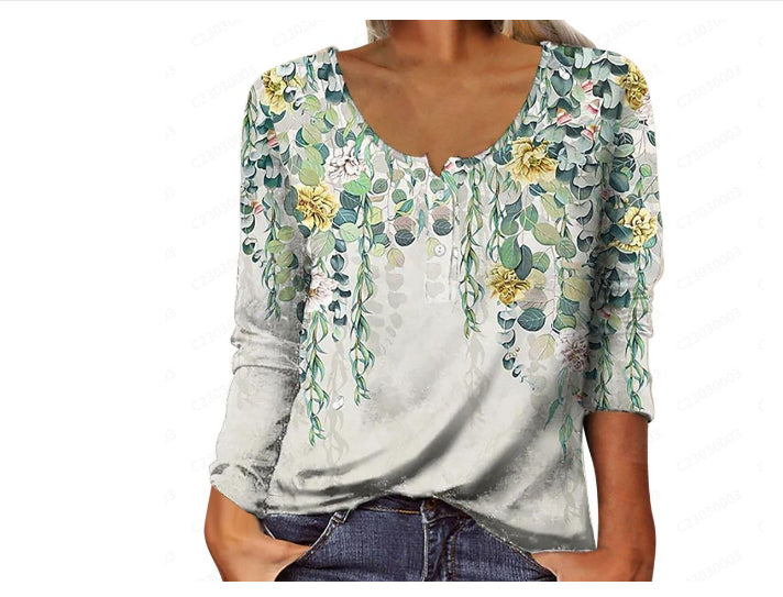 Women's Loose Long-sleeved Geometric Floral U-neck Button T-shirt