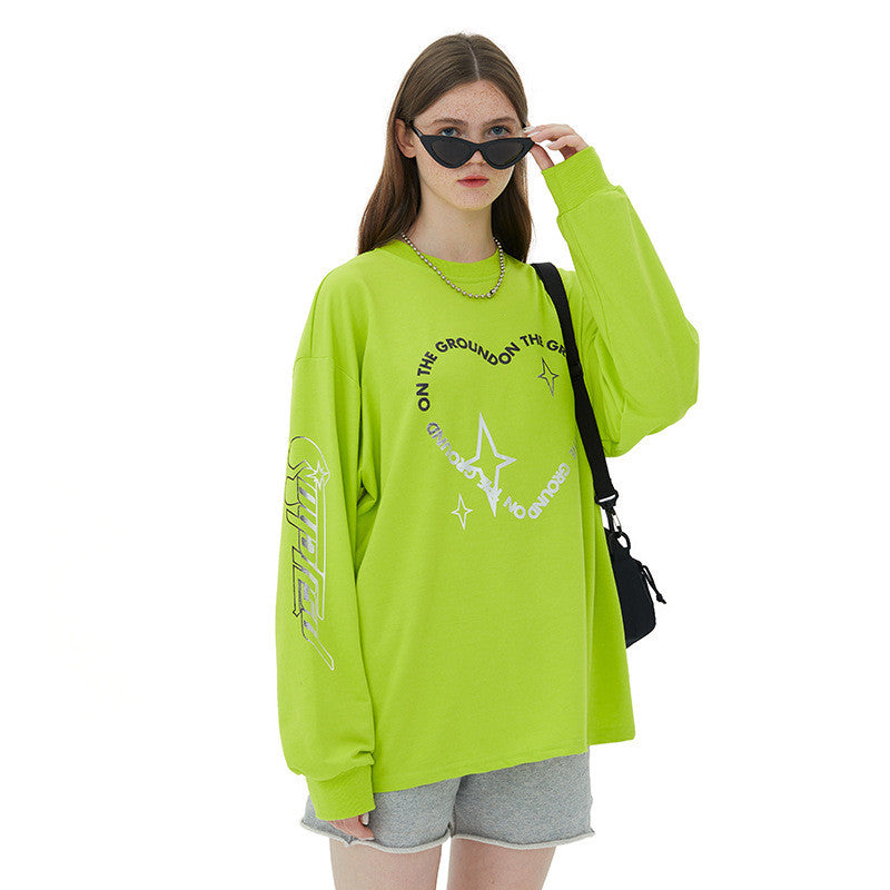 Dame Langærmet T-shirt med Rund Hals til Par, Løs Pasform
