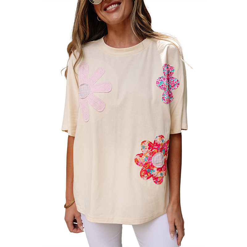 European And American Fashion Flower Patch Round Neck Pullover