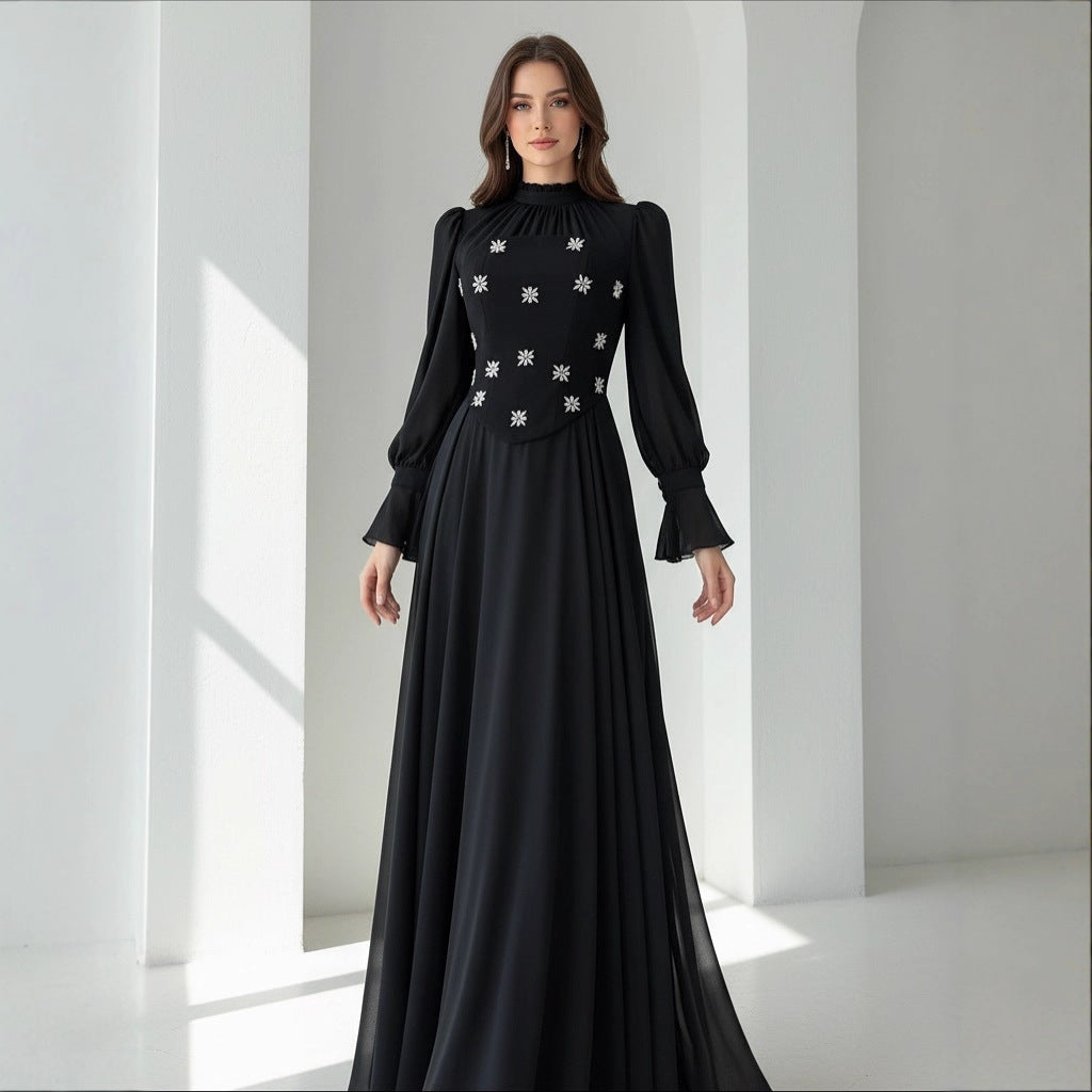 Two-piece Snowflake-diamond Long-sleeve Elegant Figure-flattering Slimming Dress