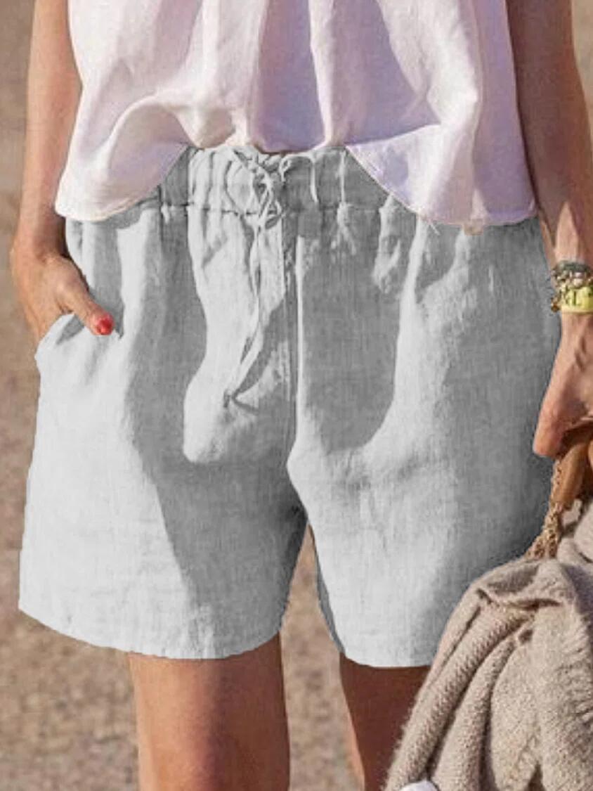 Solid-color Loose Cotton-linen Casual Pants Elastic Waistband With Tie-string Shorts