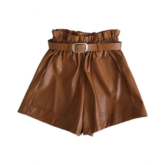 Double Pocket Solid Color A-Line PU Leather Pants With Belt