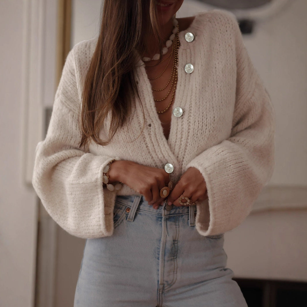 New French Elegant Solid Color Single-breasted Sweater Women