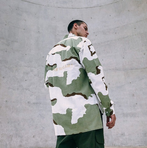 Spring high street camouflage short short long loose tide brand men's lapel check shirt shirt