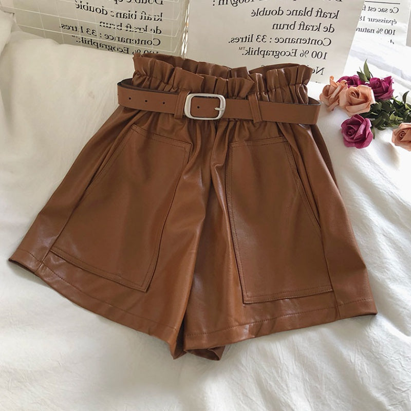 Double Pocket Solid Color A-Line PU Leather Pants With Belt