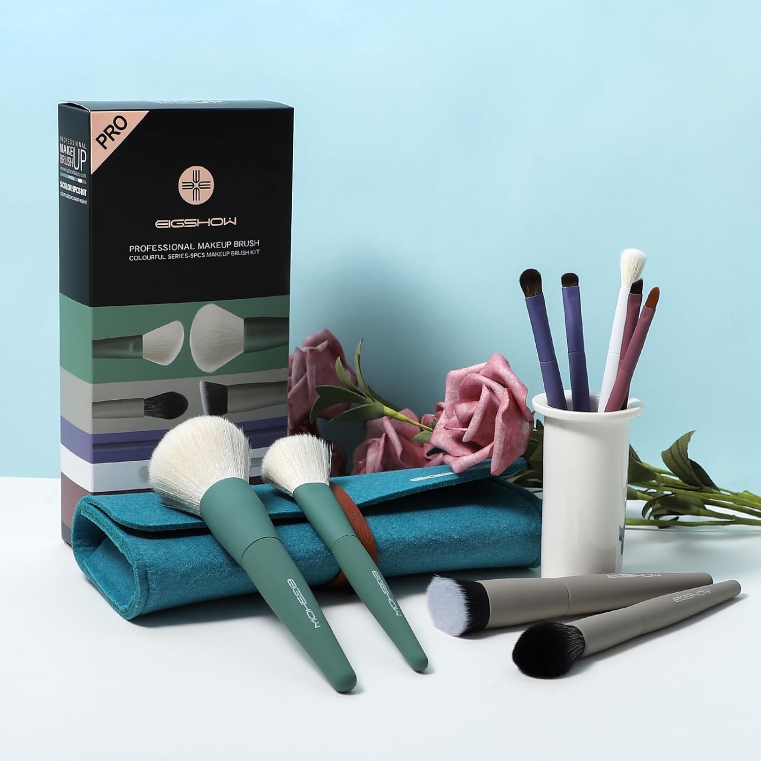 EIGSHOW 9 Stück Makeup Pinsel Set Mit 5 Farben, Professionelle Makeup Pinsel Mit Tasche, Niedlich & Geschenk Wahl