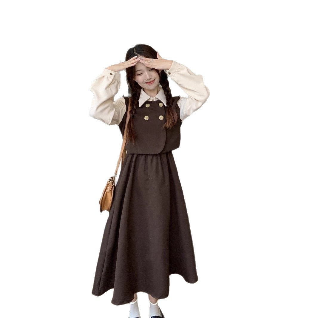 Womens Vintage French-Style Mock Two-Piece Long-Sleeve Dress