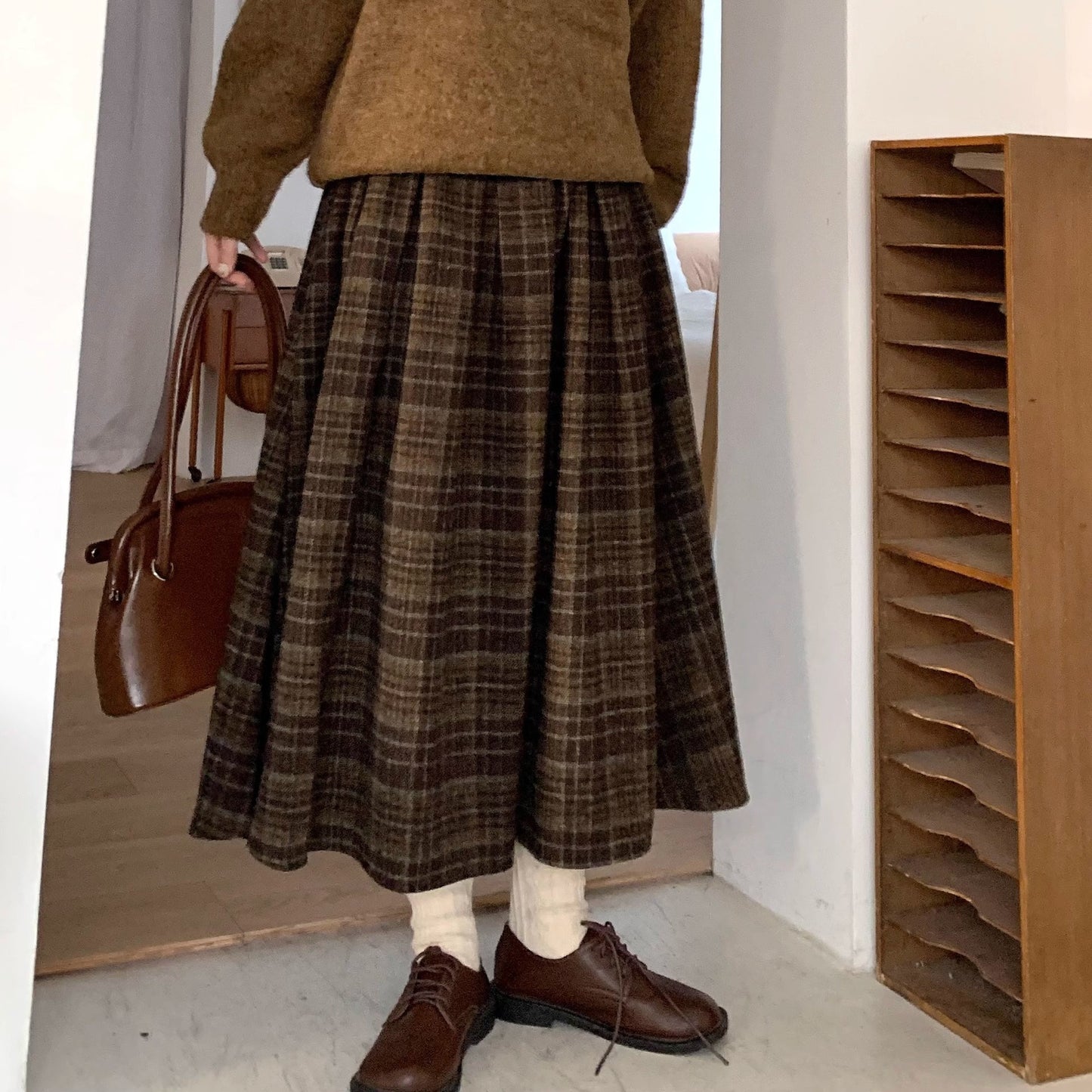 Woolen Preppy Style Retro Plaid Pleated Skirt