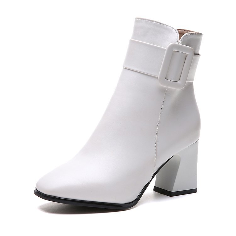 Toe Thick Heel High Heel Belt Buckle Fashion White Martin Boots