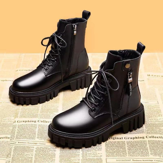 Womens Black Chunky-Soled Ankle Boots With Side Zipper