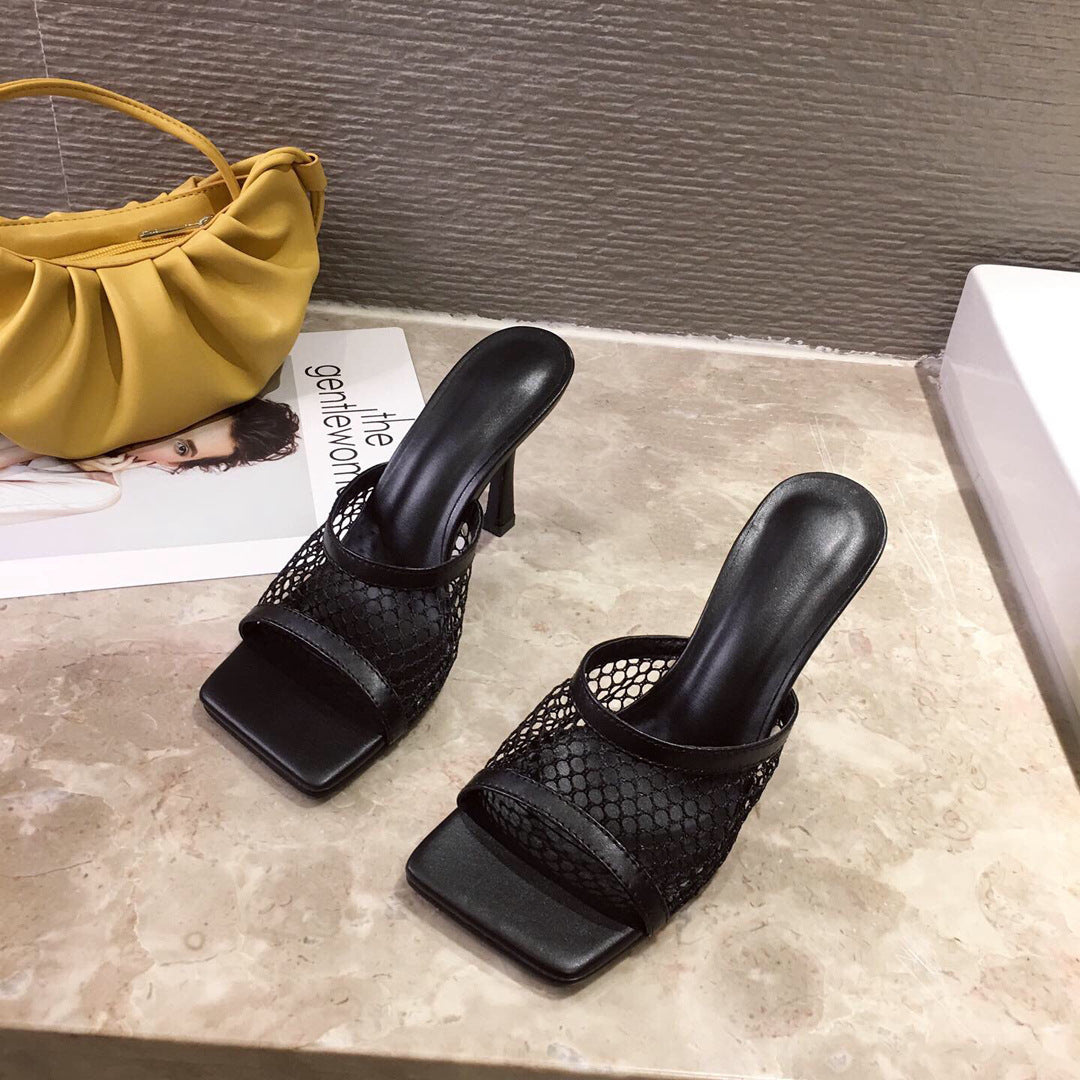 High heeled sandals with mesh