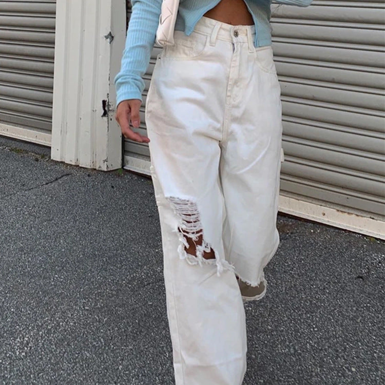Women's trousers with holes showing thin