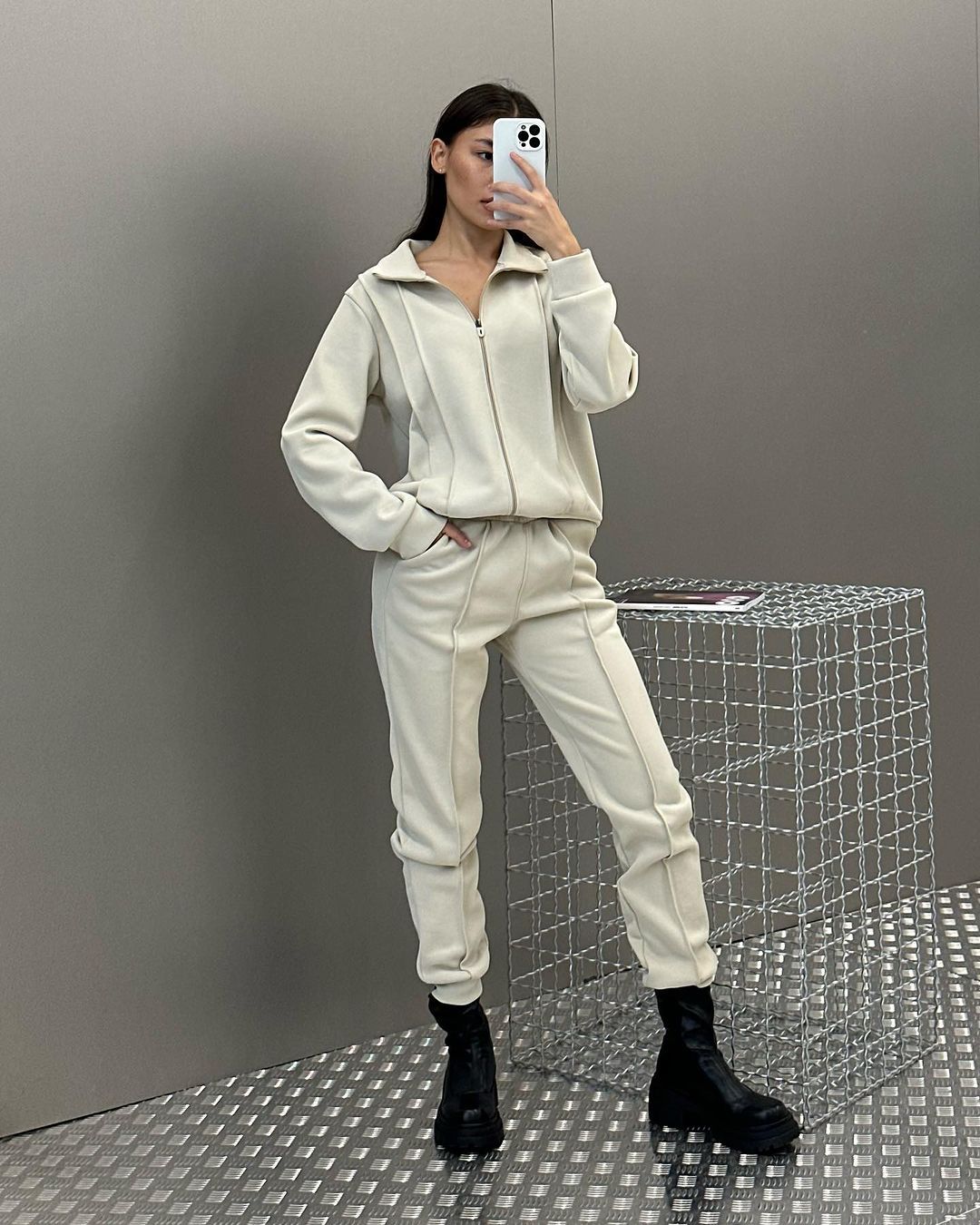Solid Color Skin Friendly Womens Outerwear Set Featuring A Stand Up Collar And Zipper