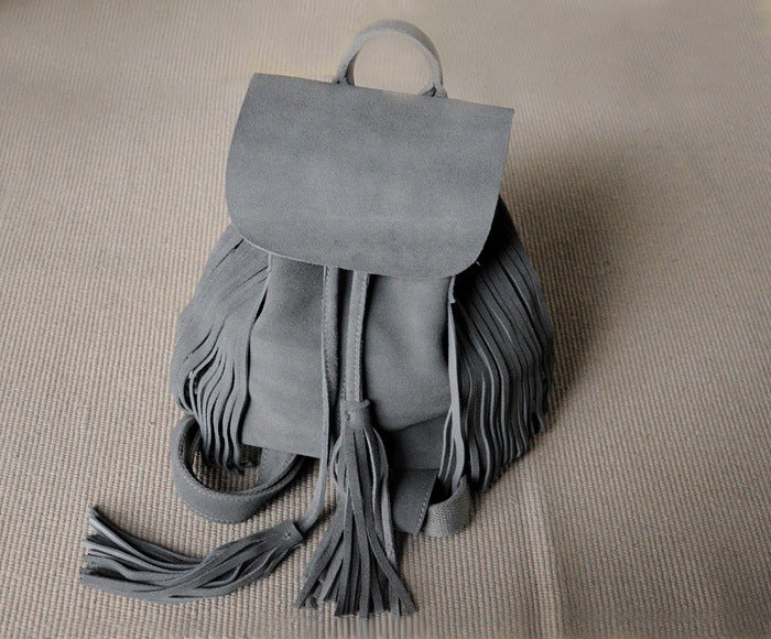 Matte Cowhide Suede Tassel Drawstring Backpack