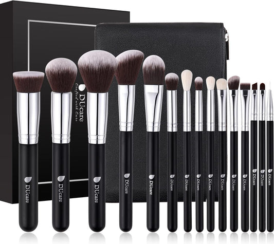 Ducare Set De Brochas De Maquillaje 15 Pcs Con Bolsa Profesional Brochas De Maquillaje Synthetic,Mango De Madera,Brocha Para Contorno De Ojos Y Rubor,Regalo Para San Valentín,Navidad Y Año Nuevo