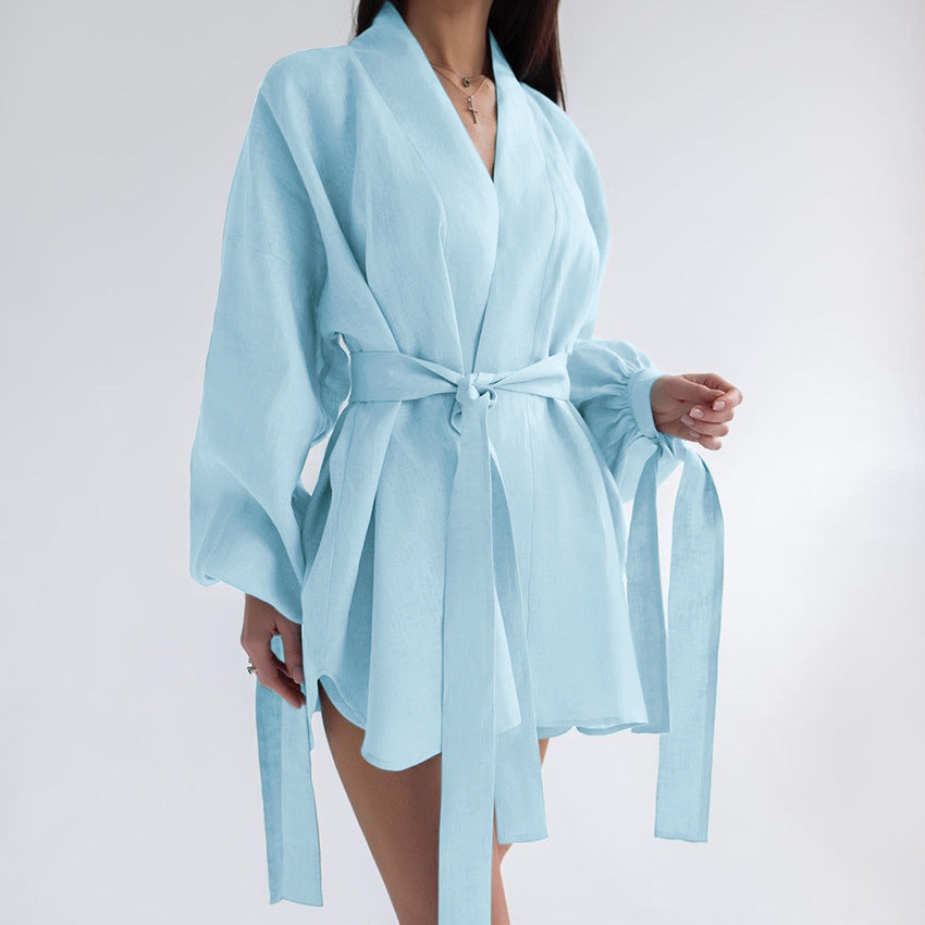 Long-sleeve Robe Underwear And Shorts Three-Piece Set Womens Loungewear