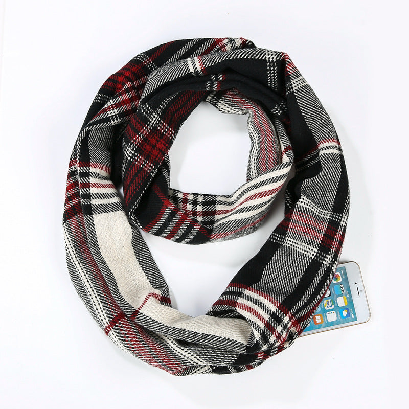 Cashmere plaid scarf invisible pocket bib
