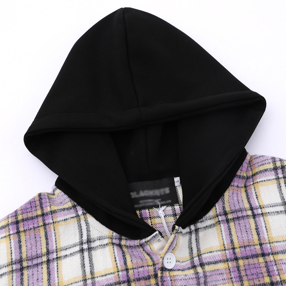 Plaid Colorblock Hooded Shirt Coat Men
