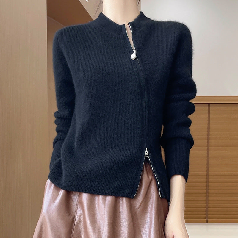 Round Neck Knitted Cardigan Long Sleeve Women's Oblique Zipper Slim Jacket