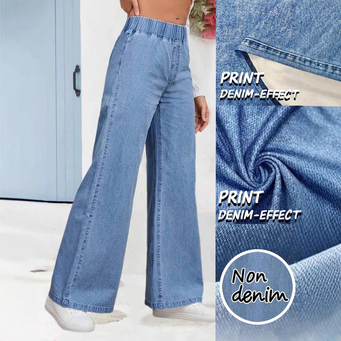 Womens High-waisted Straight-leg Faux Denim Wide-leg Pants