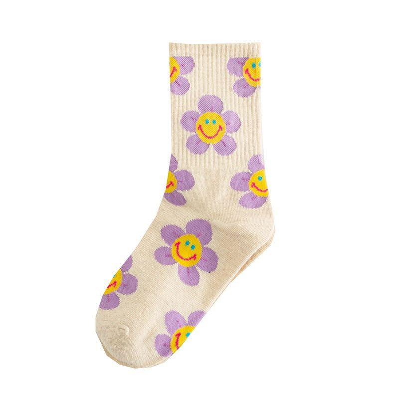 Socks Women's Smiling Flower Female Middle Tube Socks SUNFLOWER Jacquard Socks
