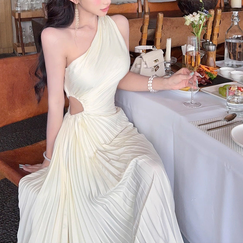 Forår Skråtskåret Skulder Defineret Talje Chiffon Elegant Fransk-inspireret Kjole Til Kvinder