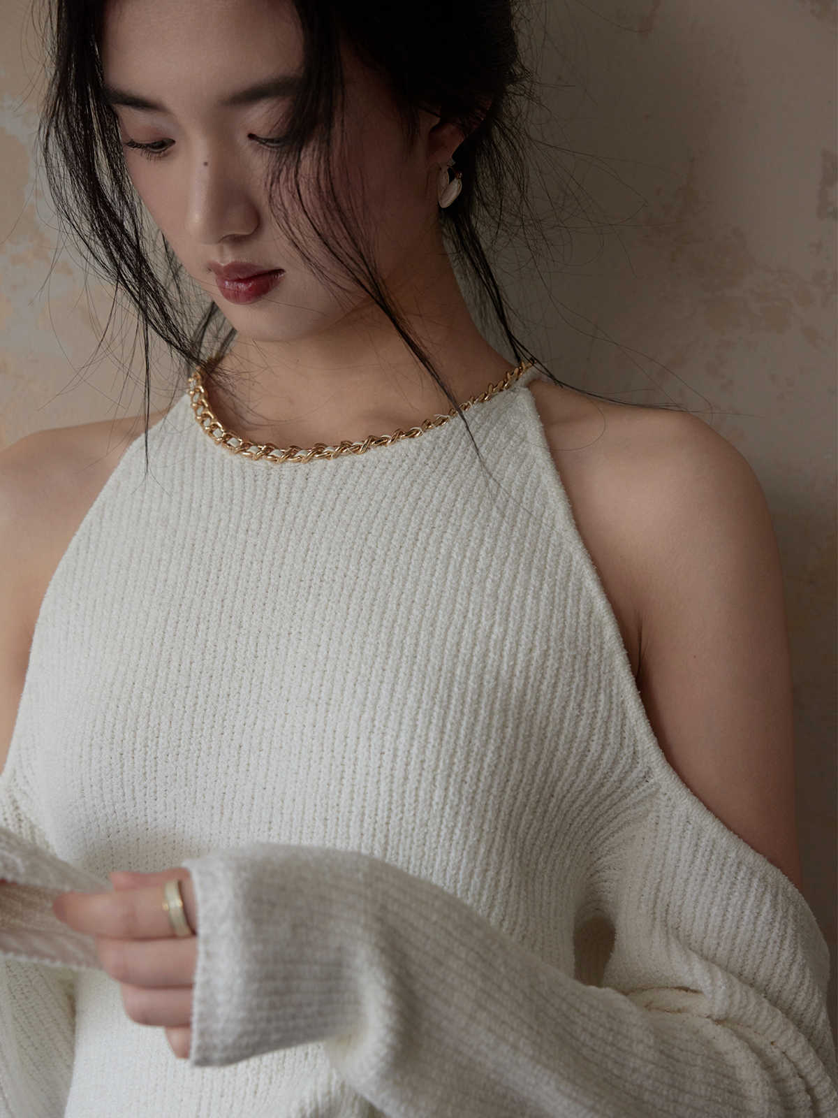 Chain Embellished Neckline Shoulder-baring Sweater