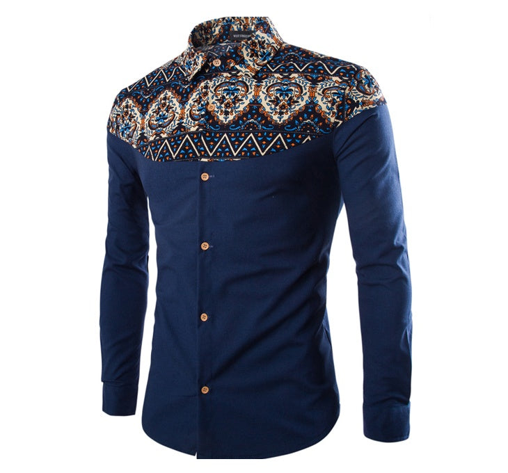 National style shirt printed long-sleeved shirt