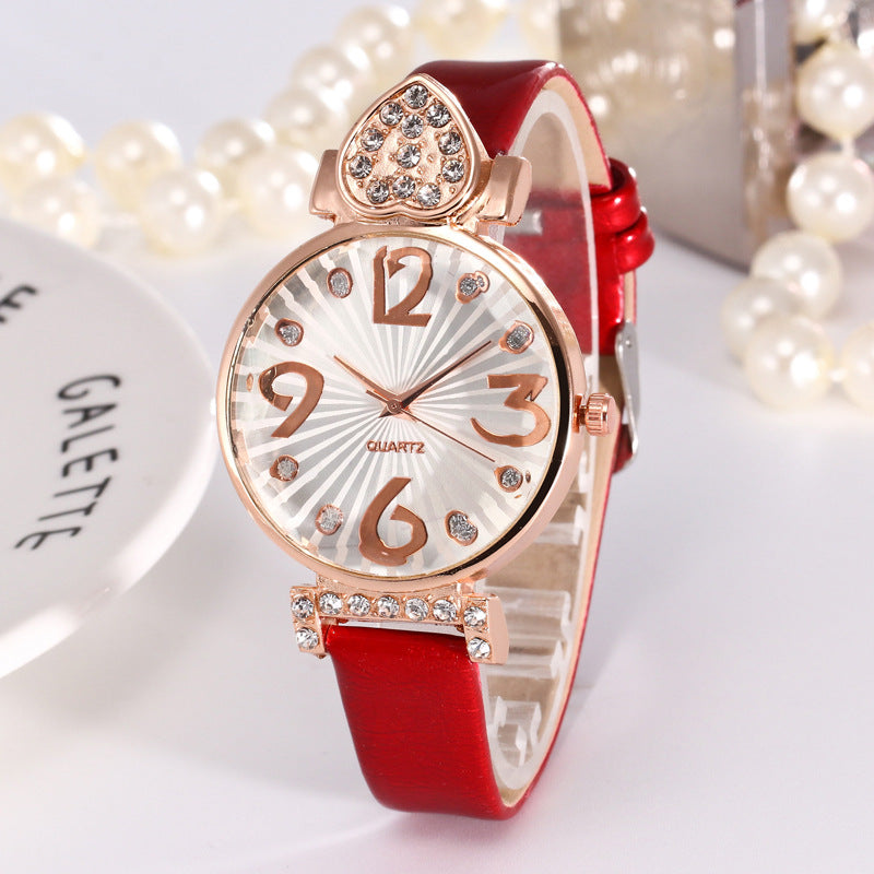 Peach Heart Rhinestone Big Number Belt Female Watch