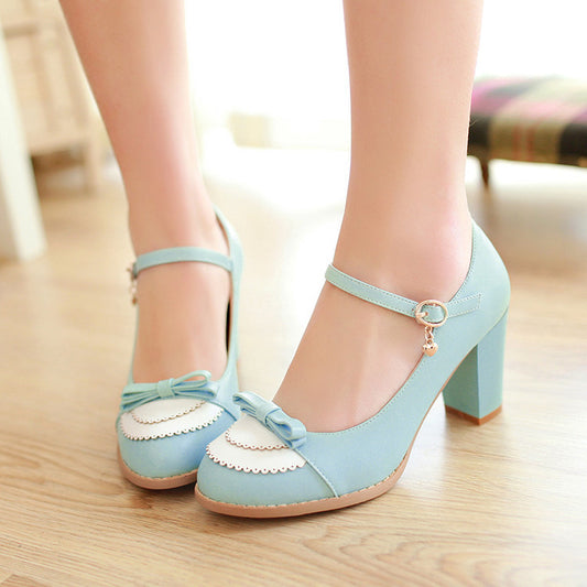 Bowknot Buckle Thick High Heeled Shoes Women's Shoes