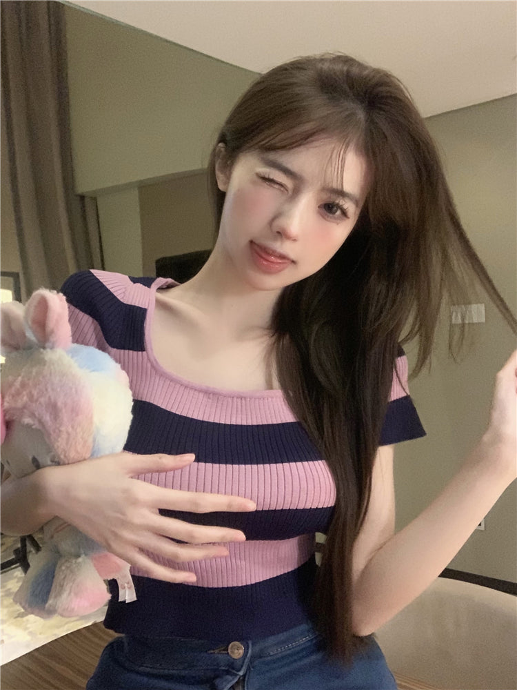 Women's Summer Ice Silk Striped Short Sleeve Knitted Sweater