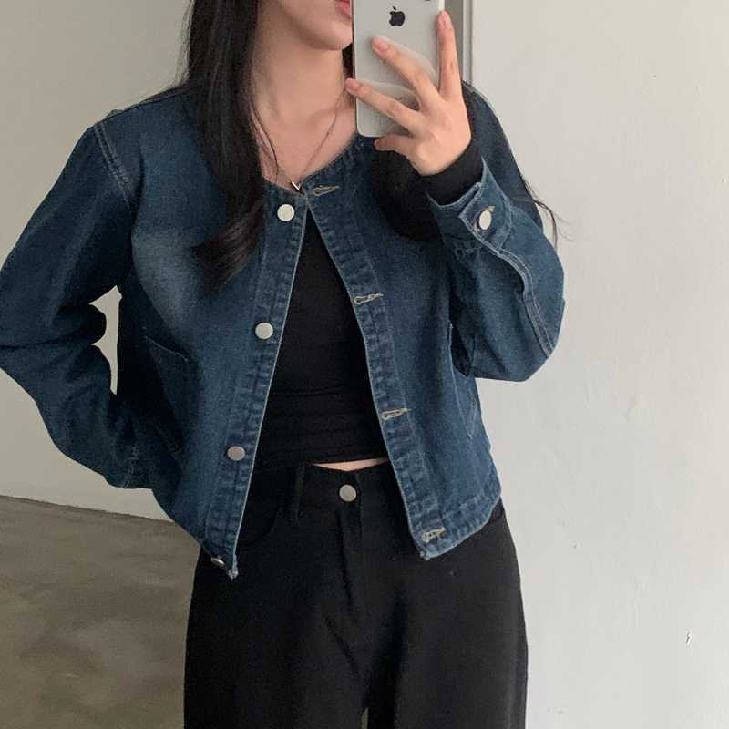 Retro Crew Neck Double Pocket Simple Wash Denim Jacket