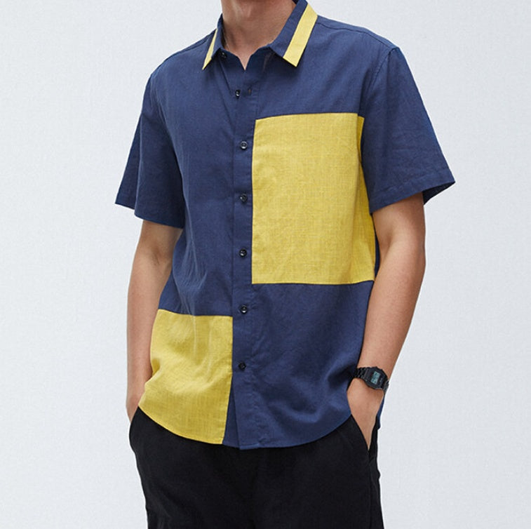 Colorblock Short Sleeve Fit Lapel Men's Shirt