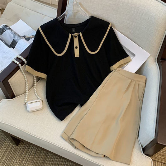 Chanel-style Notched-collar Contrast-color Short-sleeve Fashion Set